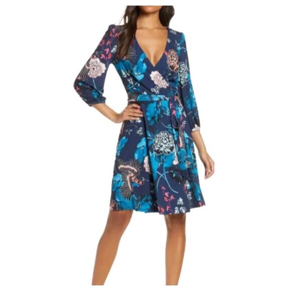 Eliza J Dresses & Skirts - Eliza J Blue Floral Print 3/4 Sleeve Faux Wrap Knee Length Dress Plus Size 14